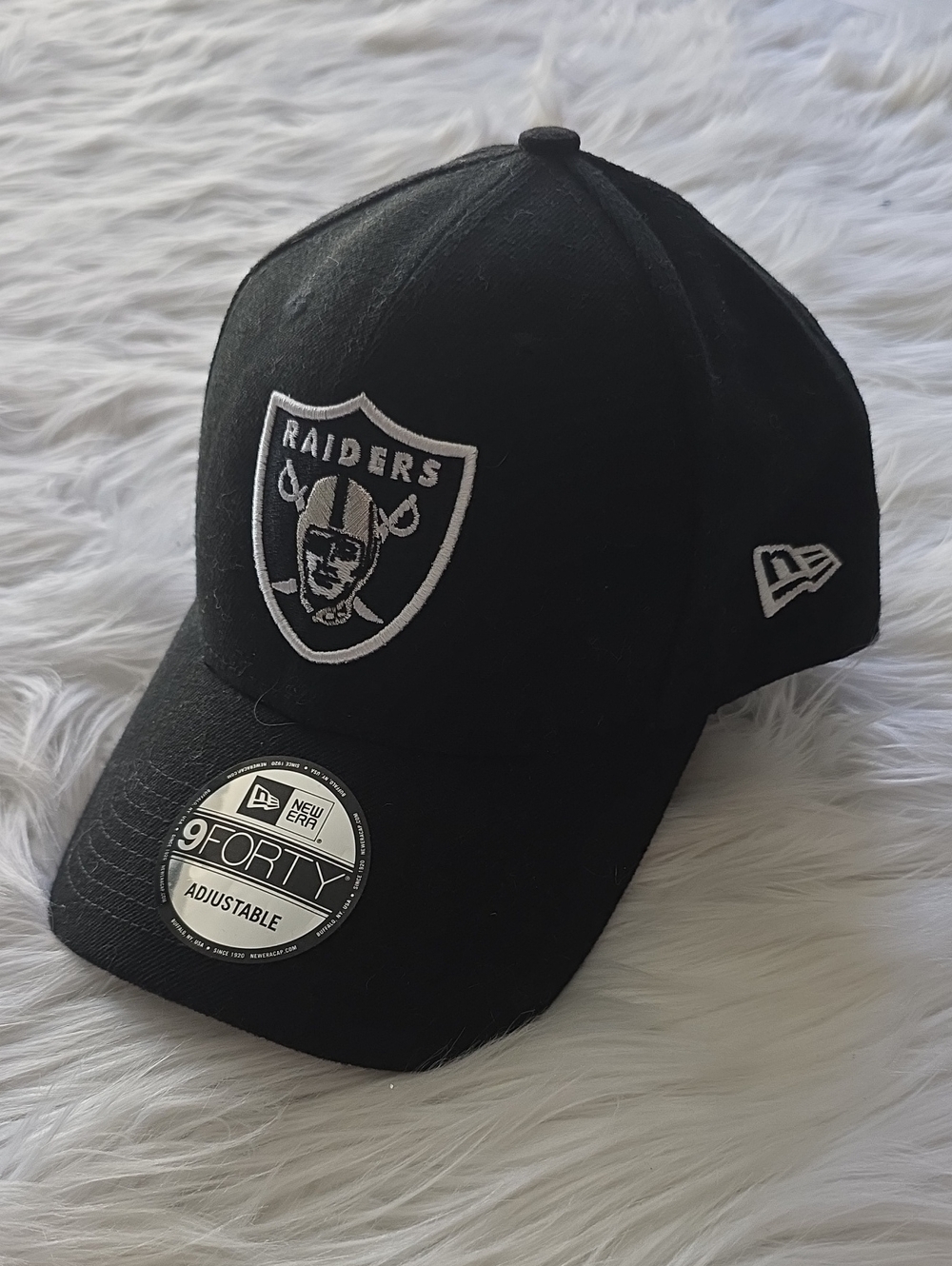 New Era  Black Raiders 9FORTY Adjustable Hat with White Logo